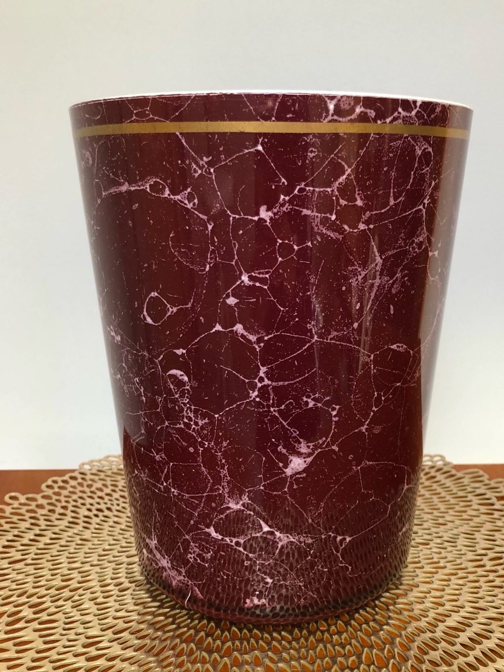 Faux Marble Waste Basket Burgundy Hard Plastic Trash Can Vintage